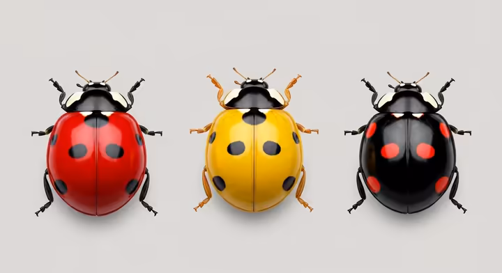 A composition showing a red, a yellow, and a black ladybug with red spots to illustrate their symbolic differences.