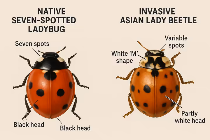 A side-by-side comparison of a native ladybug and an invasive Asian Lady Beetle, highlighting the 'M' marking on the Asian beetle's head.