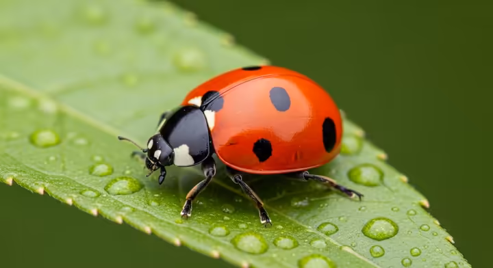 A close-up of a seven-spotted ladybug (Coccinella septempunctata) on a green leaf, representing the 'Beetle of Our Lady'.