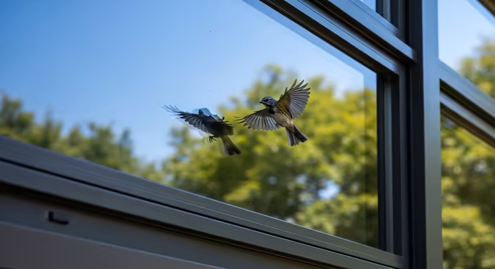 A bird momentarily disoriented as it approaches the reflection of a blue sky and trees in a clean house window.