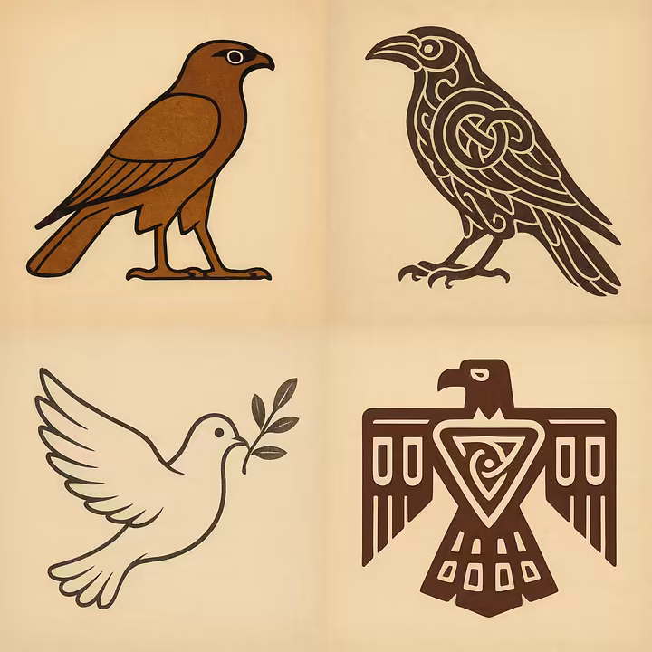 A collage illustrating diverse cultural symbolism of birds, including an Egyptian hieroglyph, a Celtic raven, and a Christian dove.