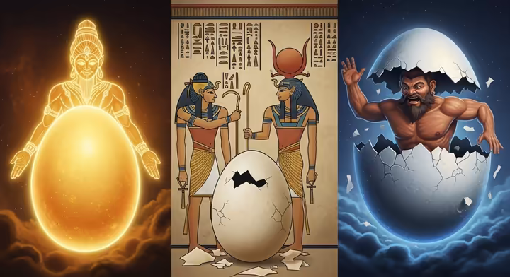 A collage depicting various cultural interpretations of the cosmic egg myth, including the Hiranyagarbha, the Egyptian egg of Ra, and Pangu emerging from an egg.