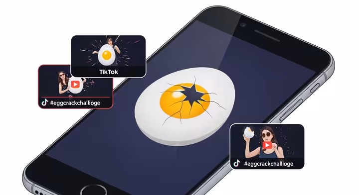 A smartphone screen showing the famous Instagram egg with a crack, symbolizing mental health awareness, alongside a collage of TikTok videos for the egg crack challenge.